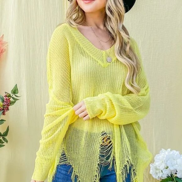 And The Why Distressed Mesh V Neck Spring Sweater Cover Up - Picture 4 of 9